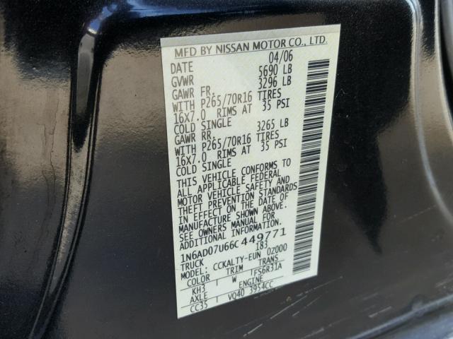 1N6AD07U66C449771 - 2006 NISSAN FRONTIER C BLACK photo 10