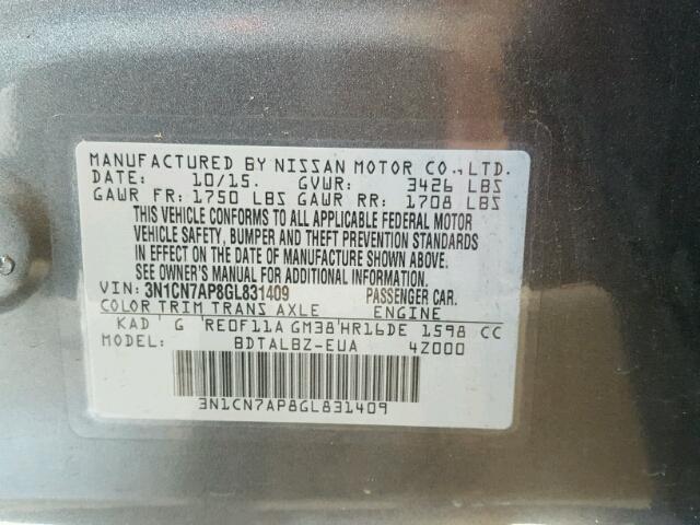 3N1CN7AP8GL831409 - 2016 NISSAN VERSA GREEN photo 10