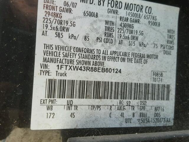 1FTXW43R88EB60124 - 2008 FORD F450 SUPER BLACK photo 10