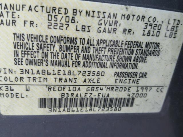 3N1AB61E18L723580 - 2008 NISSAN SENTRA 2.0 GRAY photo 10