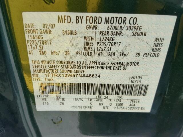 1FTRX12W57NA48634 - 2007 FORD F150 GREEN photo 10