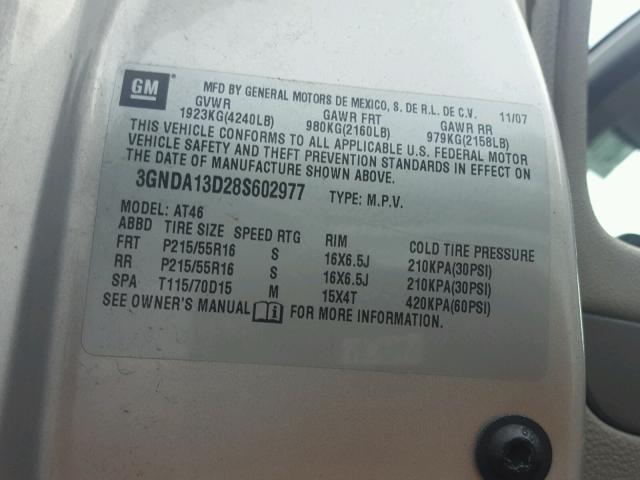 3GNDA13D28S602977 - 2008 CHEVROLET HHR LS SILVER photo 10