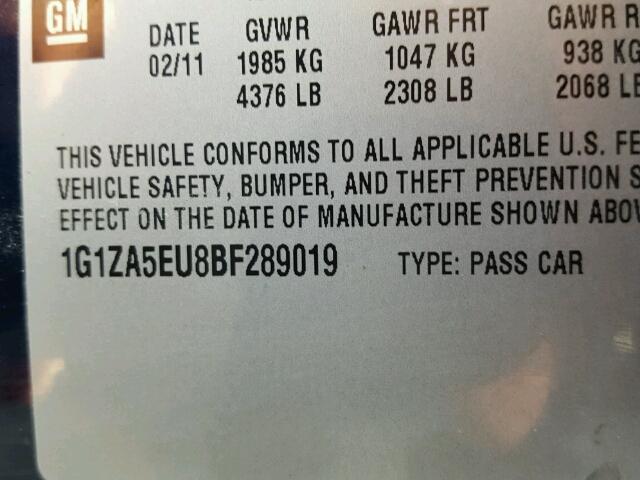 1G1ZA5EU8BF289019 - 2011 CHEVROLET MALIBU LS ლურჯი ფოტო 10