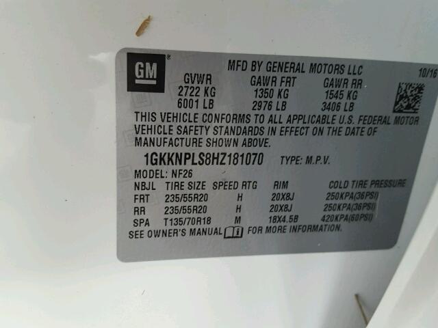 1GKKNPLS8HZ181070 - 2017 GMC ACADIA DEN WHITE photo 10