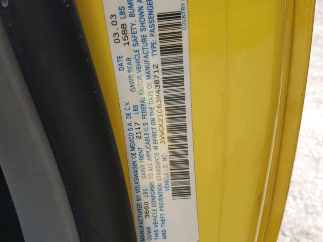 3VWCK21C63M438712 - 2003 VOLKSWAGEN NEW BEETLE 黄色 照片 10