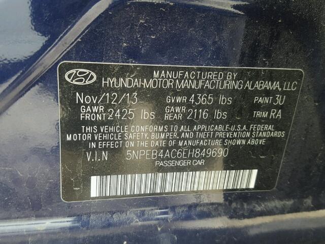 5NPEB4AC6EH849690 - 2014 HYUNDAI SONATA BLUE photo 10