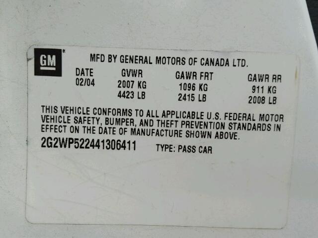 2G2WP522441306411 - 2004 PONTIAC GRAND PRIX WHITE photo 10