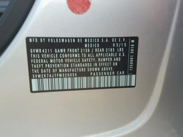 3VW2K7AJ7FM320034 - 2015 VOLKSWAGEN JETTA BASE 银色 照片 10