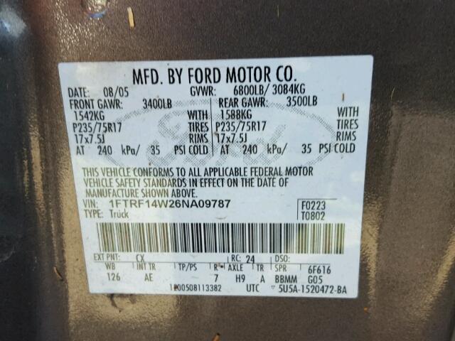 1FTRF14W26NA09787 - 2006 FORD F150 CHARCOAL photo 10