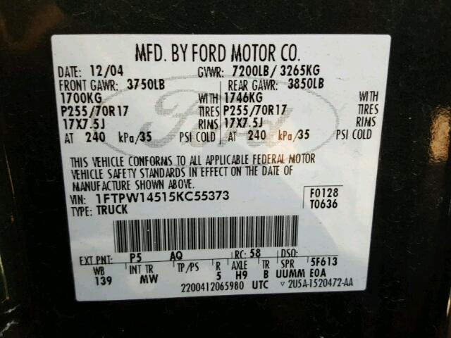 1FTPW14515KC55373 - 2005 FORD F150 BLACK photo 10