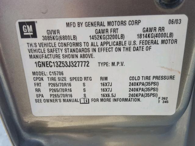 1GNEC13Z53J327772 - 2003 CHEVROLET TAHOE C150 GRAY photo 10