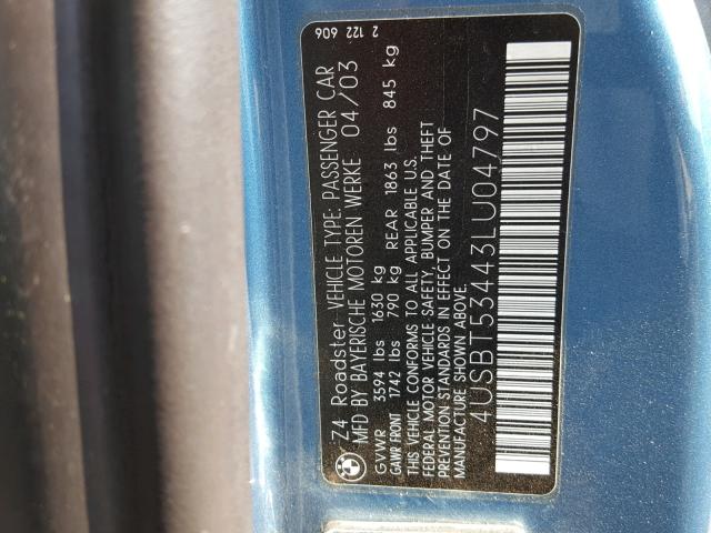 4USBT53443LU04797 - 2003 BMW Z4 3.0 BLUE photo 10