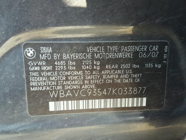 WBAVC93547K033877 - 2007 BMW 328 XI GRAY photo 10