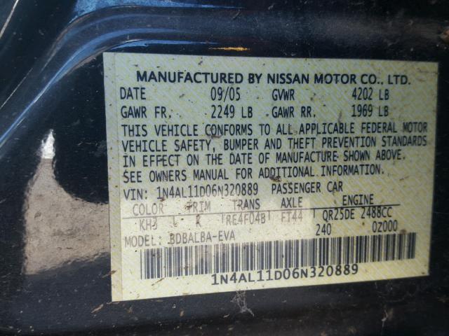 1N4AL11D06N320889 - 2006 NISSAN ALTIMA S BLACK photo 10