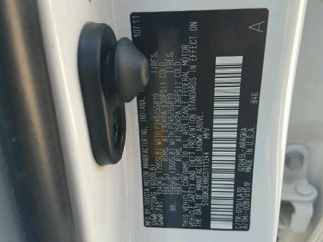 5TDDK3EH8CS111344 - 2012 TOYOTA HIGHLANDER WHITE photo 10