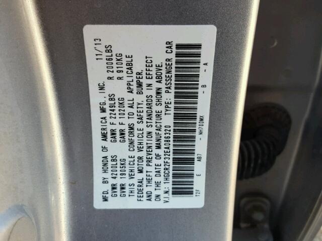 1HGCR2F32EA086320 - 2014 HONDA ACCORD SILVER photo 10