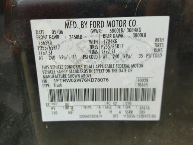 1FTRW02W76KD78076 - 2006 FORD F150 BLACK photo 10