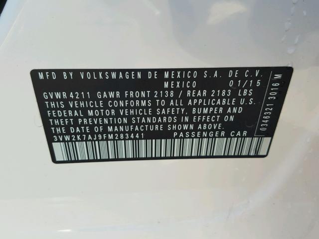 3VW2K7AJ9FM283441 - 2015 VOLKSWAGEN JETTA BASE WHITE photo 10