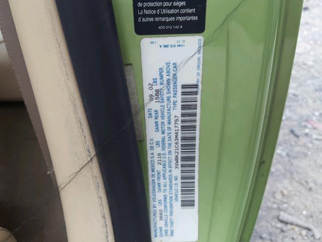 3VWBK21C63M417757 - 2003 VOLKSWAGEN NEW BEETLE Yaşıl foto 10