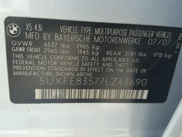 5UXFE83577LZ43690 - 2007 BMW X5 4.8I SILVER photo 10