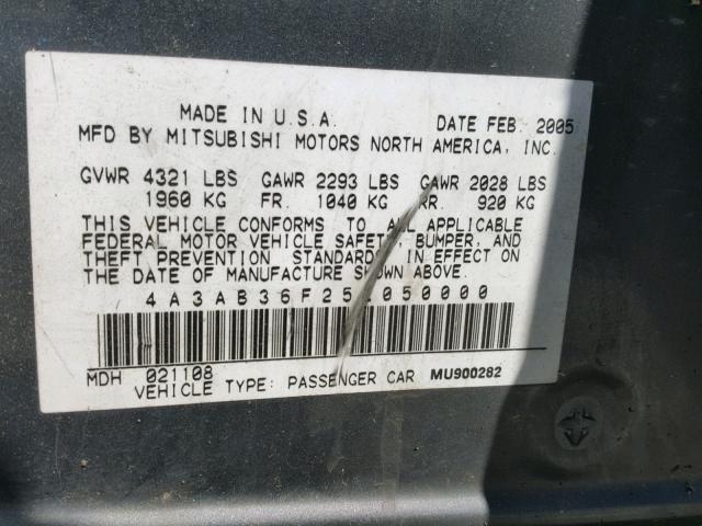 4A3AB36F25E050000 - 2005 MITSUBISHI GALANT ES GRAY photo 10