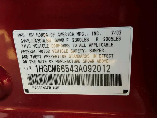 1HGCM66543A092012 - 2003 HONDA ACCORD MAROON photo 10