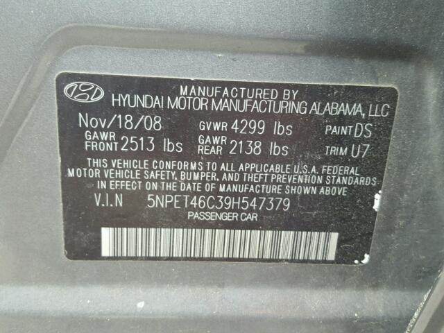 5NPET46C39H547379 - 2009 HYUNDAI SONATA GLS GRAY photo 10