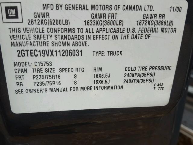 2GTEC19VX11206031 - 2001 GMC NEW SIERRA GRAY photo 10