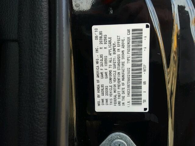 1HGCS1B77AA021402 - 2010 HONDA ACCORD EX BLACK photo 10