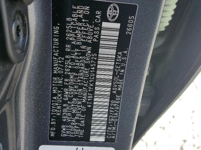 4T1BF1FK1CU145725 - 2012 TOYOTA CAMRY BASE CHARCOAL photo 10