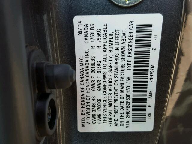 2HGFB2F50FH501558 - 2015 HONDA CIVIC GRAY photo 10