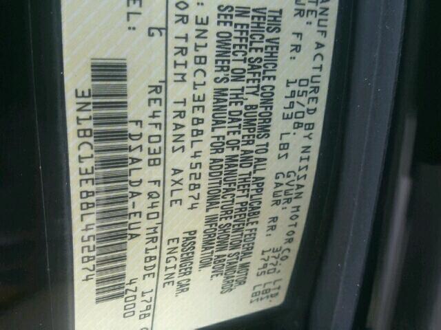 3N1BC13E88L452874 - 2008 NISSAN VERSA S BLACK photo 10