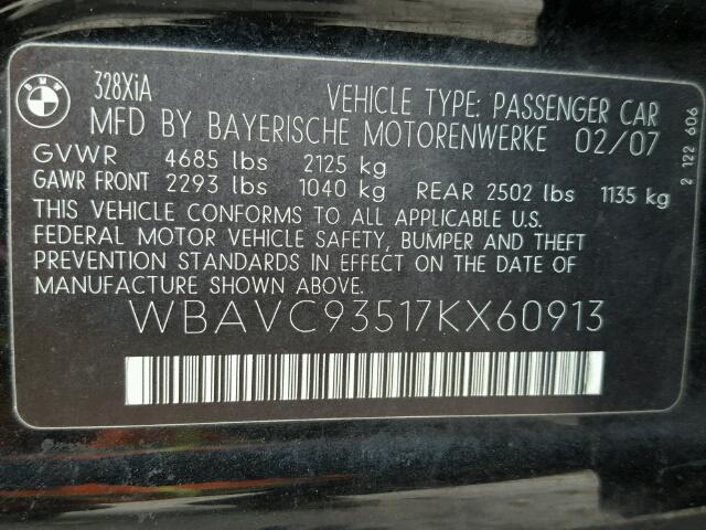 WBAVC93517KX60913 - 2007 BMW 328 BLACK photo 10