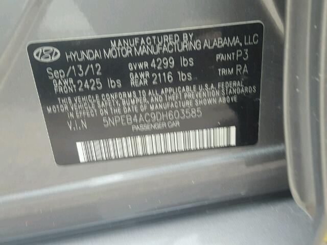 5NPEB4AC9DH603585 - 2013 HYUNDAI SONATA GLS GRAY photo 10