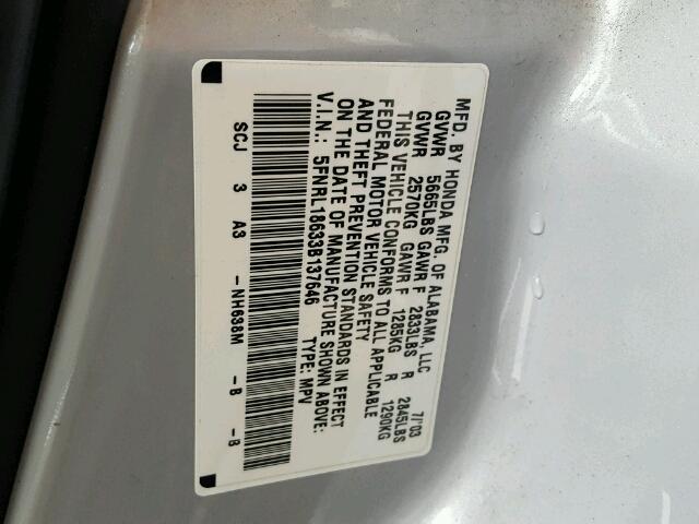 5FNRL18633B137646 - 2003 HONDA ODYSSEY SILVER photo 10