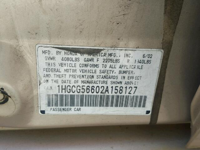 1HGCG56602A158127 - 2002 HONDA ACCORD GOLD photo 10