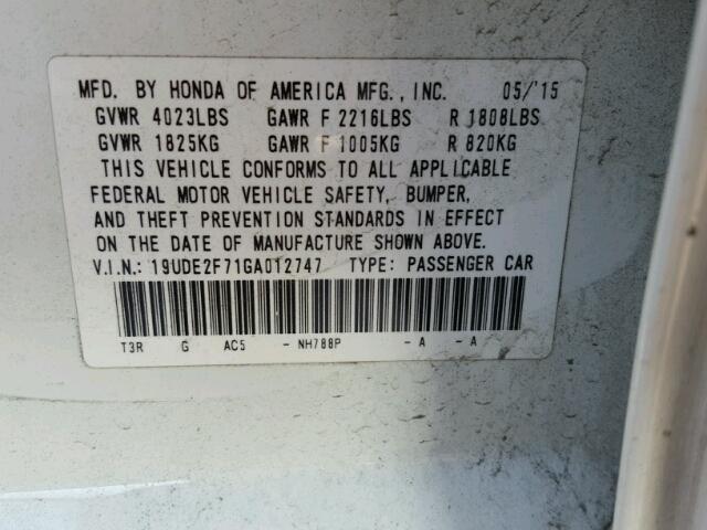 19UDE2F71GA012747 - 2016 ACURA ILX PREMIU WHITE photo 10