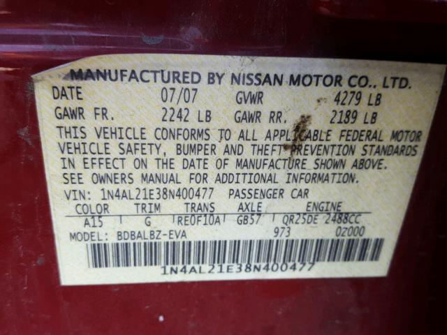 1N4AL21E38N400477 - 2008 NISSAN ALTIMA 2.5 MAROON photo 10