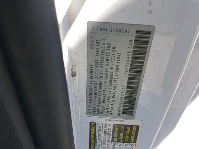 WVWEV71K37W270248 - 2007 VOLKSWAGEN NEW GTI WHITE photo 10