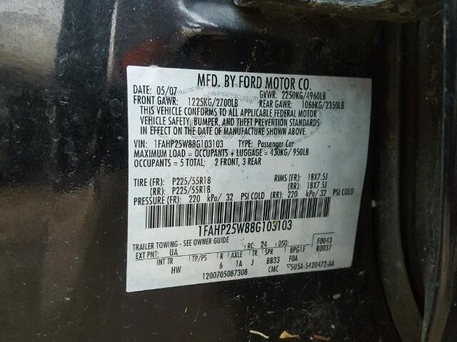 1FAHP25W88G103103 - 2008 FORD TAURUS LIM BLACK photo 10