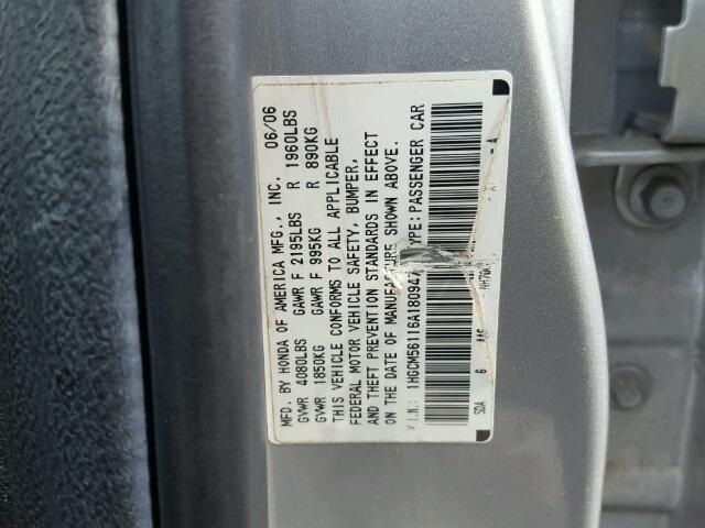 1HGCM56116A180947 - 2006 HONDA ACCORD SILVER photo 10