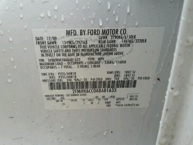 2FMHK6CC0ABA81633 - 2010 FORD FLEX SEL Սպիտակ լուսանկար 10