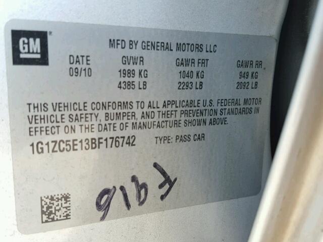 1G1ZC5E13BF176742 - 2011 CHEVROLET MALIBU 1LT SILVER photo 10