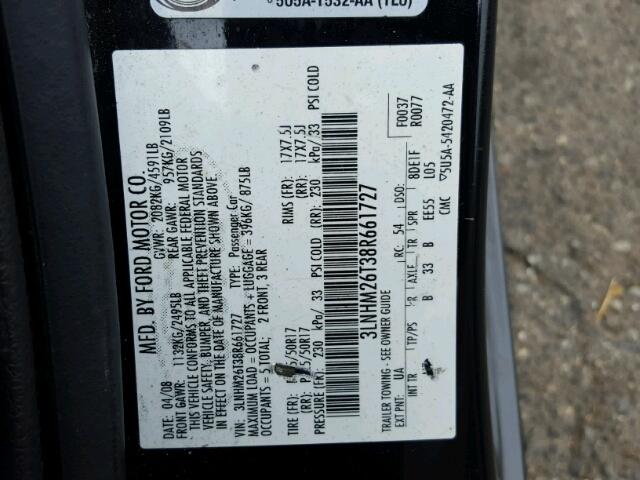 3LNHM26T38R661727 - 2008 LINCOLN MKZ BLACK photo 10