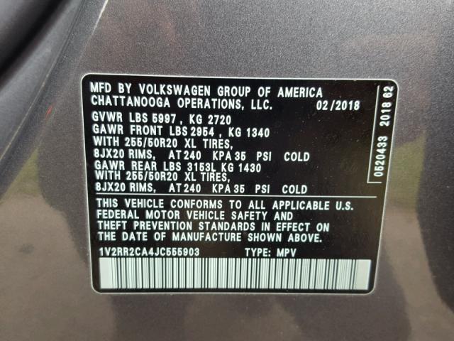 1V2RR2CA4JC555903 - 2018 VOLKSWAGEN ATLAS SEL Boz foto 10