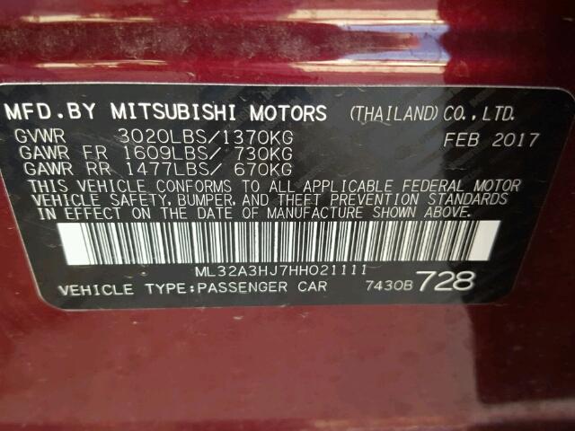 ML32A3HJ7HH021111 - 2017 MITSUBISHI MIRAGE RED photo 10