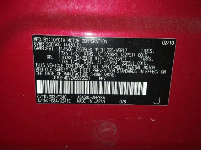 JTMZF4DV2A5023531 - 2010 TOYOTA RAV4 RED photo 10