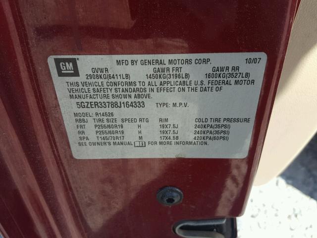 5GZER33788J164333 - 2008 SATURN OUTLOOK XR წითელი ფოტო 10