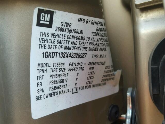 1GKDT13SX42328987 - 2004 GMC ENVOY TAN photo 10