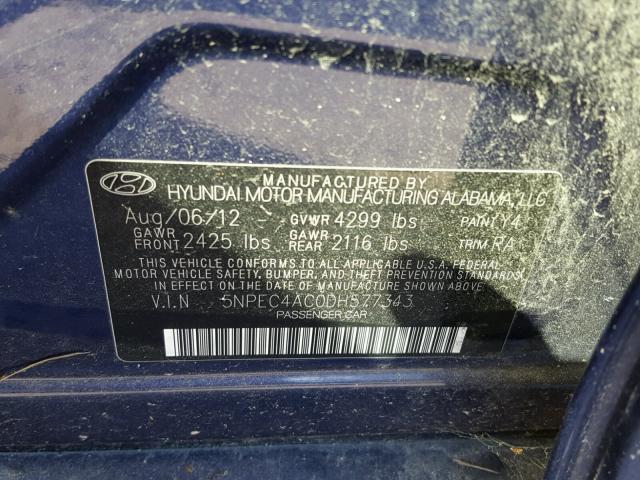 5NPEC4AC0DH577343 - 2013 HYUNDAI SONATA SE BLUE photo 10